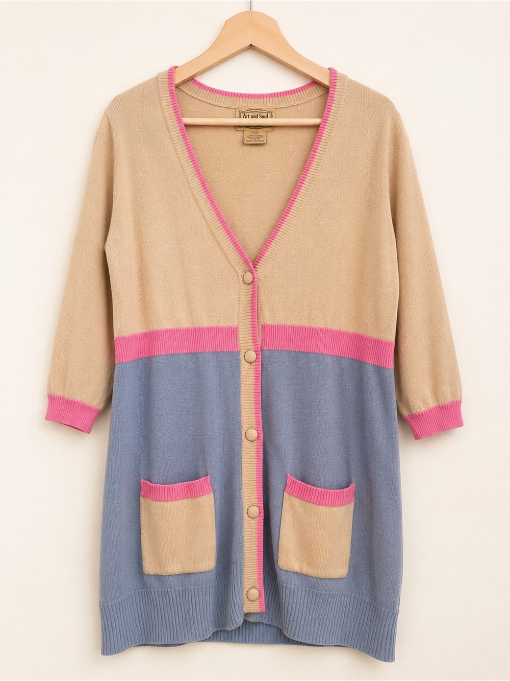 Art and Soul Colorblock Long Cardigan — Tan, Blue & Pink